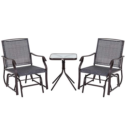 Outsunny 3 Piece Patio Glider Chair Bistro Set Outdoor Rocking Chair and Table Furniture for Two, Grey