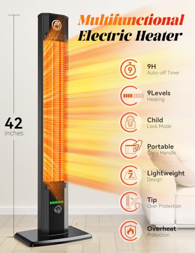 BALKO 42INCH Outdoor Heater, 9Heat Levels&Timer, Child Safety Lock, IP65 Waterproof Garage Heater, 1500W Infrared Heating Patio Heater, Tip-Over&Overheat Protection, Outside Heaters for Patio Electric