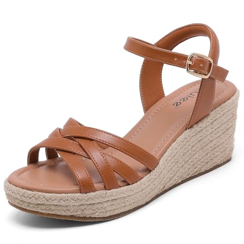Wide Width Wedges Sandals for Women, Summer Platform Wedge Heels Comfort Wide Feet Sandal Casual Dressy Ankle Strap Womens Sandals. 11 X-Wide Tan 509