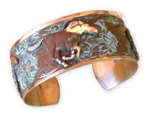 Elaine Coyne Collectible Artwear Olive Patina Solid Brass Galloping Wild Horse Cuff Bracelet - USA Made