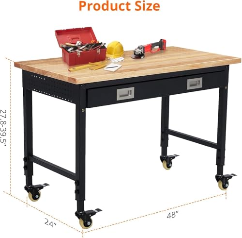 Work Bench 48" Adjustable Height, Heavy-Duty Portable Workbench with Power Outlets and Drawer for Garage & Workshop, 2000 LBS Load Capacity, Work Table for Office, Home, Easy Assembly