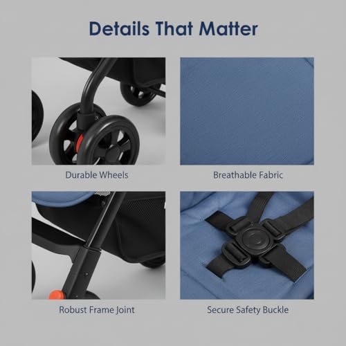 Image of Mothercare Baby Stroller Pram with Safety Harness and Swivel Wheel, Blue | Reclining seat for newborn to 3 years up to 15kg, 5-point harness, 360 swivel wheels, easy-fold, reversible handlebar