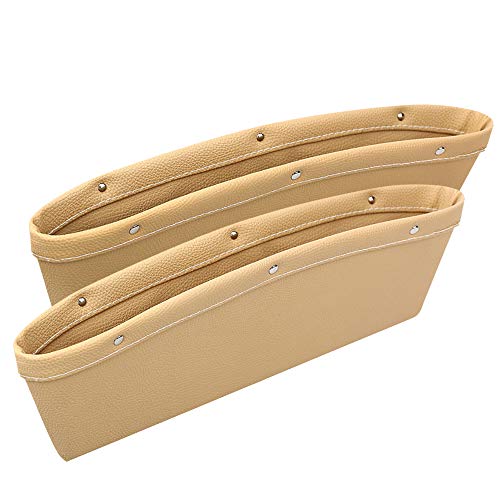 idain 2 PACK Premium Quality PU Leather Car Pocket Organizer Seat Console Gap Filler Side Caddy Catcher,Beige