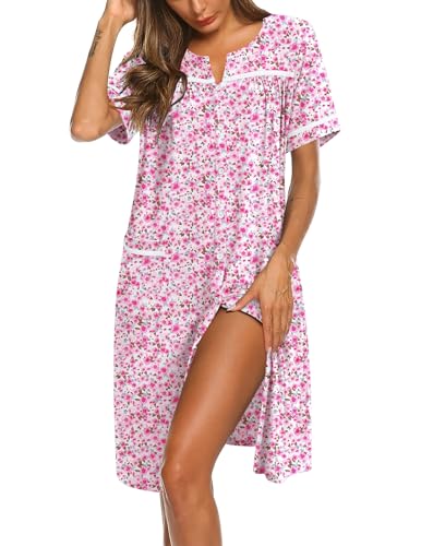 Image of Ekouaer Nightgowns for Women House Dress with Pockets Button Down Sleepshirt Short Sleeve Nightshirt Housecoat