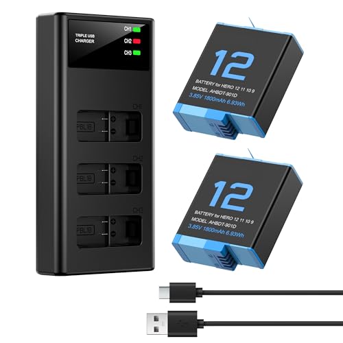 ENEGON Triple Chargeur Kit - 2 batteries lithium-ion pour Hero 12/11/10/9 Black (Pack complet: chargeur 3 canaux + 2 batteries)
