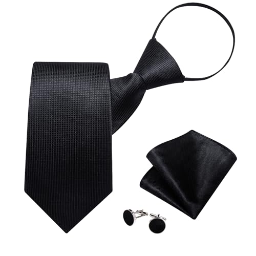 Image of DiBanGu Mens Zipper Ties Silk Adjustable Necktie Pocket Square | Paisley /Striped Pattern,Pre-tied Gift Tie Sets,Jacquard Woven,Pocket Square Cufflinks,Great for Formal & Business Wedding
