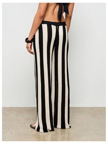 Verdusa Women's Crochet Knit Wide Leg Pants Comfy Striped Casual Long Trousers2