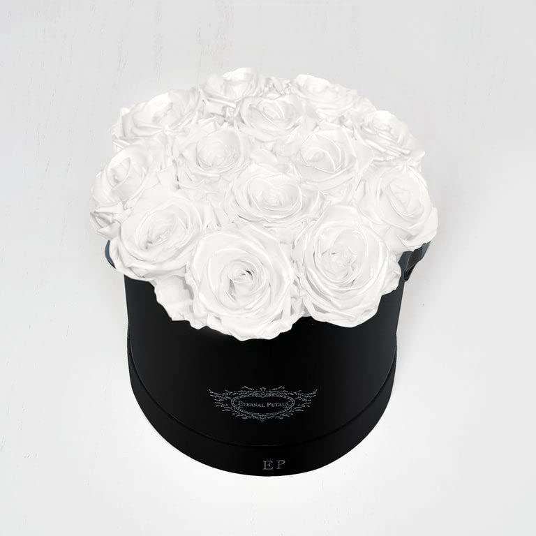 A 100% Real Roses That Last Years - Eternal Petals, Handmade in UK – Dozen Roses, Bouquet, Round Black Flower Box (White Satin)