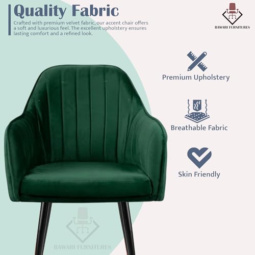 Image of Plush Dining Chair | Accent Chair for Living Room Bedroom Restuarant | Velvet Fabric & Thick Cushion Seat with Sturdy Glossy Metal Legs (Black Legs, Green)