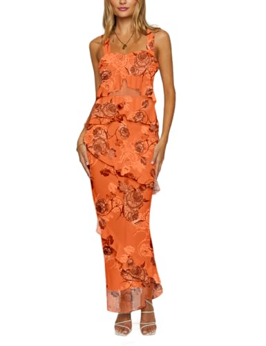 Image of Lrady Women's Two Piece Skirt Sets Beach Formal Wedding Guest Sleeveless Peplum Ruffle Party Maxi Bodycon Dress Outfits