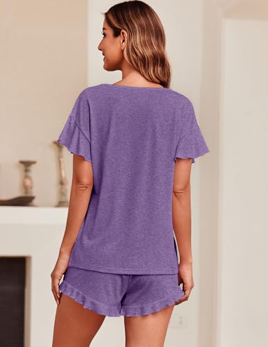 Image of Ekouaer Women's Pajama Set Ruffle Sleeves Top and Short | 2 Piece Ruffle Hem Sleeves Top and Shorts Pjs Set, Soft Short Sleepwear Set, Elastic Waistband Design