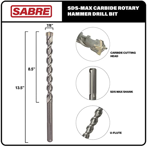 Sabre Tool 7/8 Inch X 13 Inch Sds Max Rotary Hammer Drill Bit, U-Flute, Carbide Tipped For Brick, Stone, And Concrete (7/8" X 8.5" X 13") #TOP1