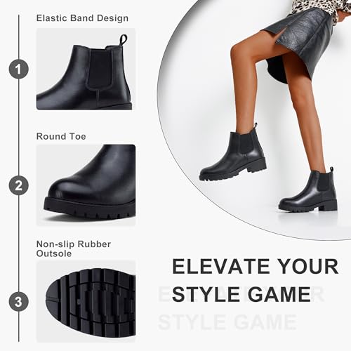 Image of Vepose Women's Chelsea Ankle Boots Pull-On Low Heel Booties 9607 | Flat short boots with elastic side, round toe for casual daily