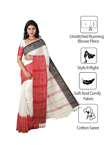 Image of eC ESHA'S COLLECTION Women's Cotton Blend Begumpuri Handloom Saree With Unstitched Running Blouse Piece (Off-White, Black, Red)