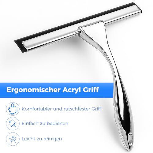 Wlich Duschabzieher, 25,5 cm Breit, Abzieher Dusche Edelstahl Fensterabzieher mit ABS Kunststoff Handgriff, Duschwischer mit Halterung für Glastür Bad Fenster Spiegel Fliesen Autoglas
