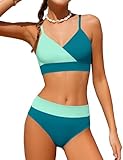 ADIFUN Girls Swimsuit Size 11 Size 12 V Neck Adjustable Straps Green Bikini Set Color Block with Cover Up Skirt Bathing Suits for Teen Girls Size 12-14