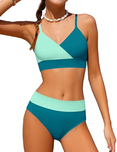 Girls Bathing Suits Size 8-10 V Neck Adjustable Straps Green Color Block Bikini Set with Cover Up Skirts 3 Piece Set Teen Girl Swimsuit Size 8