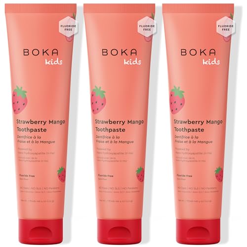 Boka Fluoride Free Toothpaste Nano Hydroxyapatite, Helps Remineralize, Appropriate for Sensitive Teeth, Whitening - for Adult, Kids Oral Care - Strawberry Mango Flavor, 4oz 3Pk - US Manufactured option
