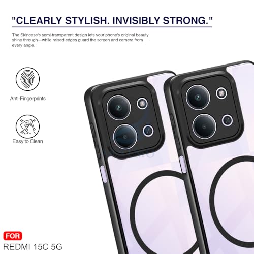 Image of AESTMO Redmi 15C 5G / Poco C85 5G Back Cover | 360 Protection | Crystal Clear Hard Back Transparent | Compatible with MagSafe Accessories (PC+TPU, Black Bumper)