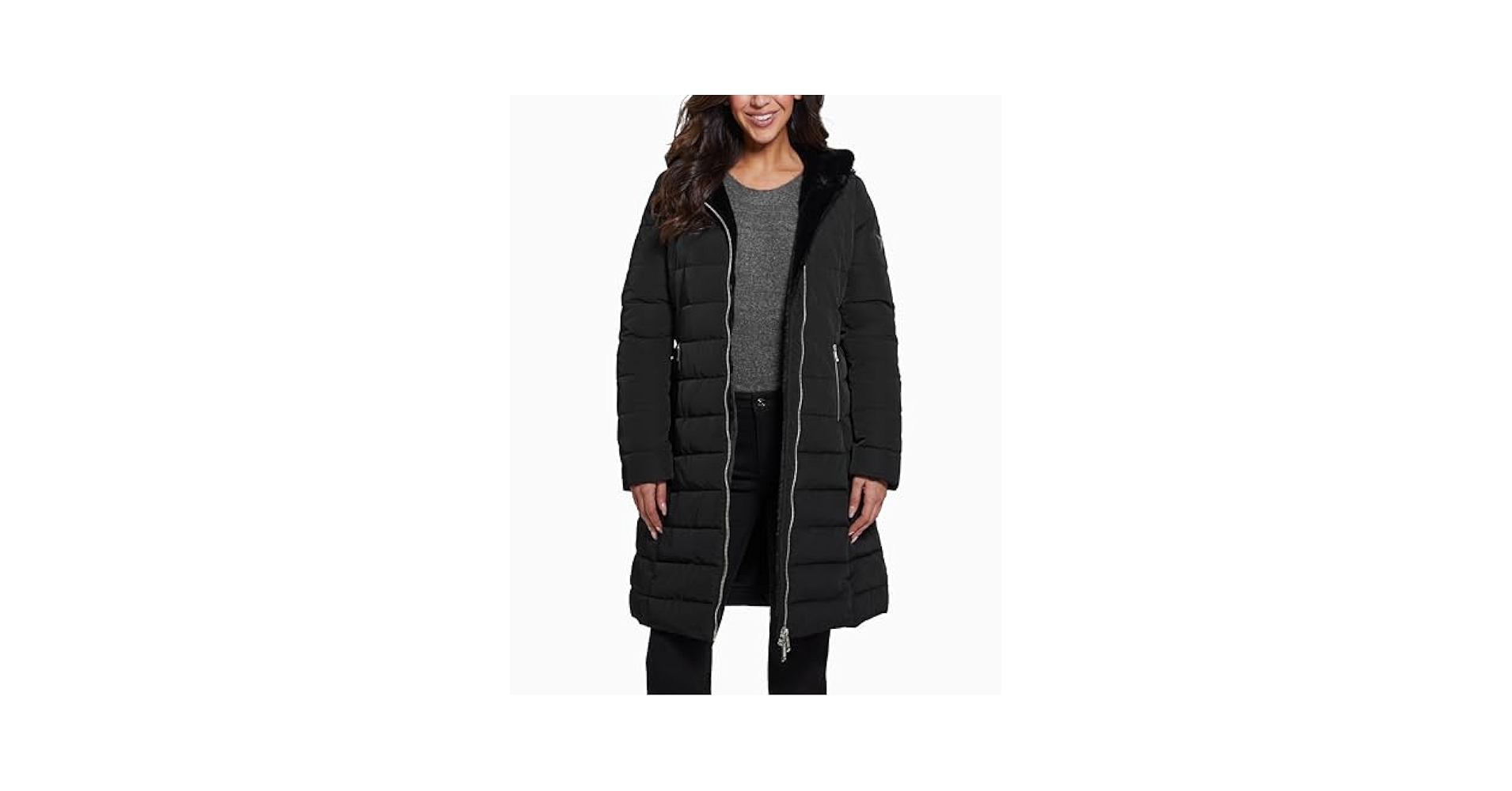 ジャケット・アウター Helena coat GUESS Women's Helena Long Fur Jacket, Jet Black at Amazon