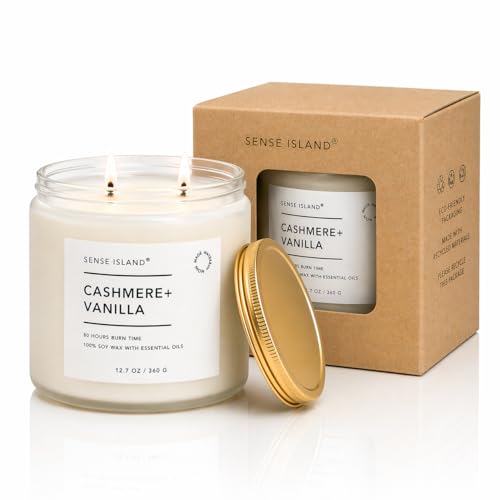 SENSE ISLAND Cashmere Vanilla Large 12.7 OZ Scented Candle for Home Scented 80 Hrs Highly Scented Creamy Velvet Vanilla Cashmere | 100% Natural Soy Candle Gifts for Women Vanilla Candles for Cozy Home