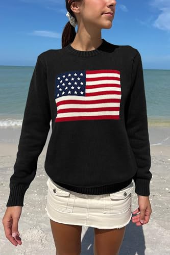Image of Womens American Flag Sweater Long Sleeve Crew Neck Star Graphic Knit Pullover Tops Casual Loose USA Sweater