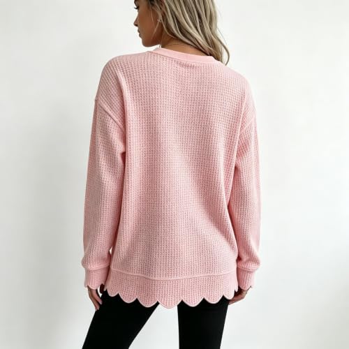Womens Oversized Scalloped Sweatshirt Long Sleeve Waffle Knit Tops - image 4