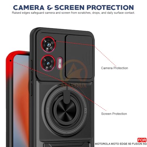 Image of Moto Edge 50 Fusion / G96 5G Back Cover | Armor Camera Slider 360 Degree Rotating Finger Ring Holder Case with Bracket Stand Back Case Cover (Compatible with MagSafe Accessories) (Black)
