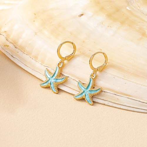 Boho Starfish Sea Star Shell Enamel Dangle Hoop Earrings for Women, Trendy Gold Plated Dripping Oil Drop Huggie Earrings Hawaii Vocation Beach Party Ear Jewelry Gift4