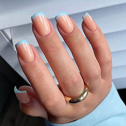 KXAMELIE Blue French Tips Press on Nails Short with Designs Square Shape Glue on Nails Fake Nails for Women Acrylic Nails Press on Full Cover Coffin Nails 24PCS False Nails
