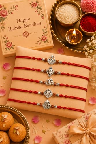 Image of Rakhi for Brother Set of 5 Raksha Bandhan Rakhi Bracelet, Rakhi Brother Set | Handcrafted with cotton thread and rudraksh beads, includes greeting card