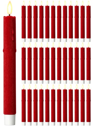 Image of Treela 36 Pcs Flameless Taper Candle,Red, 0.8x7.7″, Flocked Wavy Mouth