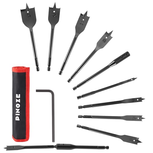 PINOZE 9-teiliges Flachbohrer-Set mit 15,2 cm Verlängerung, Spatenbohrer-Set Holz, 6 bis 32 mm, Schnellwechsel-Sechskantschaft (1/4 Zoll), inklusive Nylon-Aufbewahrungstasche