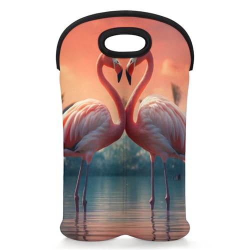 GzLeyigou 2 Bottles Sunset Flamingo Wine Bag Sleeve Totes Neoprene Protective Wine Carrier Bag for Wine,Water, Champagne, Beer, Baby Bottles,Gift 14.5 x 10 Inches