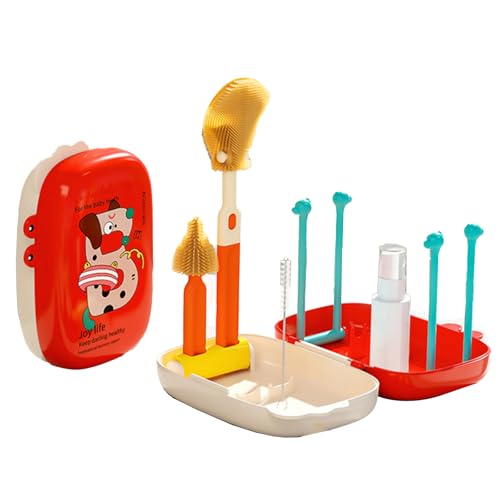 Juego de cepillos para biberones con cepillo para biberones, cepillo para pajilla, cepillo para pezones, dispensador de jabón y estante de secado, limpiador de biberones, juego de cepillos para