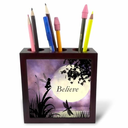 3dRose Believe, Fairy With Dragonflies With Moon And Purple Sky 5 inch tile pen holder