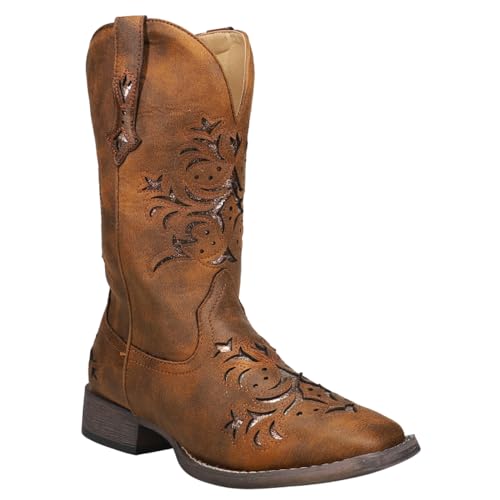 Image of ROPER Womens Kennedy Glitter Tooled Inlay Square Toe Pull On Casual Boots Mid Calf Low Heel 1-2 inch