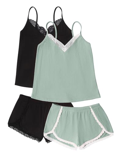 Image of Ekouaer Womens Pajama Sets Soft Cami Shorts Set 4 Piece Lingerie Sleepwear V Neck Pj Lace Nightwear