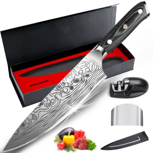 MOSFiATA 8" Super Sharp Professional Chef's Knife with Finger Guard and Knife Sharpener, German High Carbon Stainless Steel EN1.4116 with Micarta Handle and Gift Box