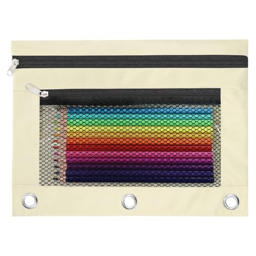 Image of Pencil Pouch for 3 Ring Binder, Heavy Duty Canvas Dual Zipper Pen Bag with Clear Window, Smooth Metal Zipper, Fit Standard 3-Ring Binders for School Office Travel Supplies (Beige)