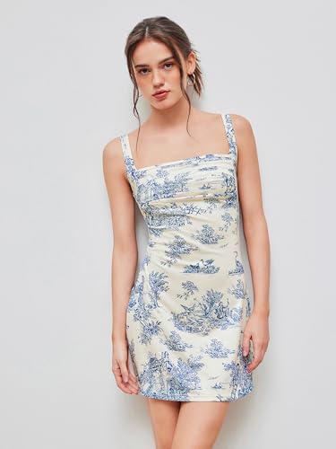 Image of CIDER Women A-Line Mini Dresses Square Neck Ruched Floral Fit and Flare Casual Summer Semi Formal Dress