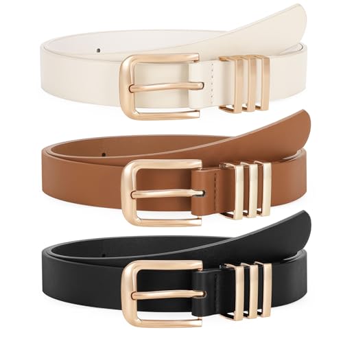 WERFORU 3 Pack Women’ Leather Belt with Square Gold Buckle Fashion Ladies Leather Waist Belt for Jeans Dress3