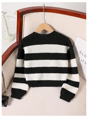 OYOANGLE Girl's Color Block Striped Cropped Cardigan Sweater V Neck Button Up Sweaters Outerwear2