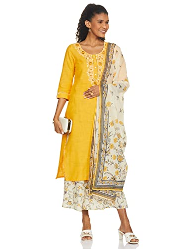 Image of Aurelia Women's Cotton Solid Round Neck Straight Kurta Set