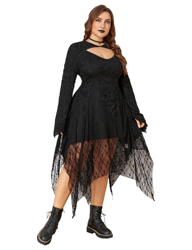 LapaPlus Übergröße Damen Spitzen Gothic Kleid Vintage Rockabilly Cocktailkleid Ausgestellter Langarm Unregelmäßigem Saum