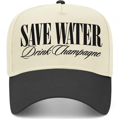 Save Water Drink Champagne Serif Vintage Trucker Hat | Funny Premium Snapback Baseball Hat for Men & Women (US, Alpha, One Size, Black/Natural)