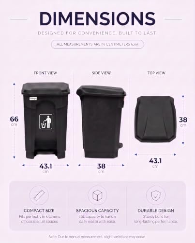 Image of pedal dustbin with lid, heavy duty plastic garbage bin, hands-free step-on waste bin for kitchen, office, home, hotel, bathroom & outdoor use (Jet Black, 65 Liters)