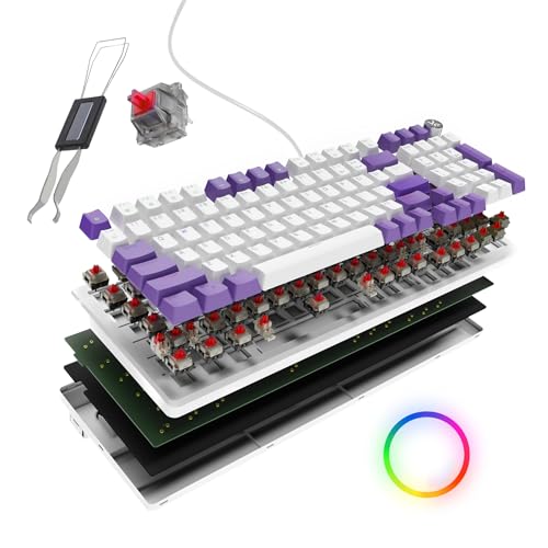 Image of Kreo Hive 98 Wired RGB Mechanical Gaming Keyboard | Full Size 98 Keys, Metal Volume Knob, Per-Key RGB, Hot-Swappable Switches (White-Purple, Red)