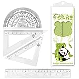 Glanzend Set di 4 geometrie matematiche in plastica trasparente, confezione da panda, righello, triangolo retto, goniometro semicircolare, adatto per scuola/ufficio/casa/disegno