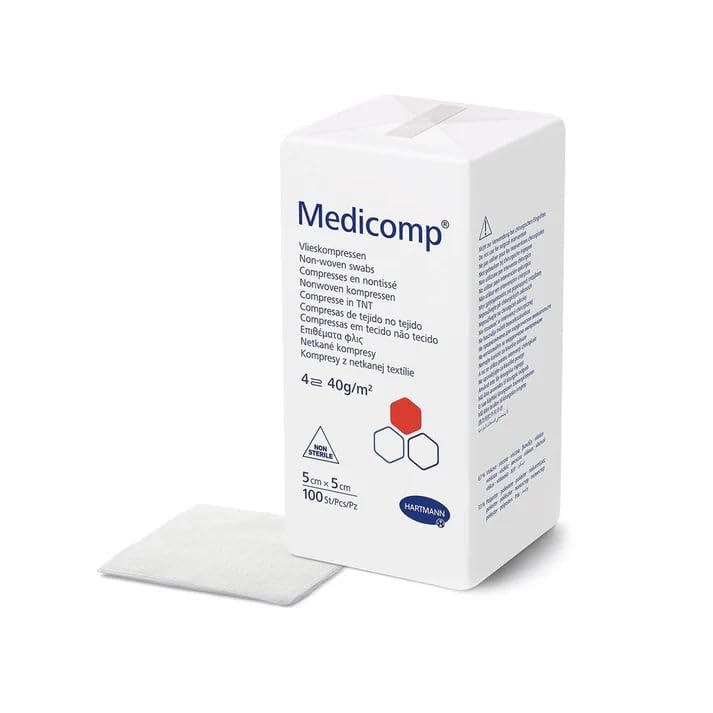 Medicomp - Compresas no tejidas, 5 x 5 cm, 40 g, bolsa de 100 unidades